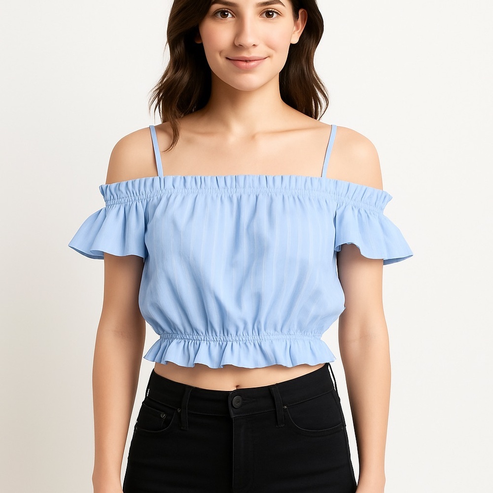 BP. By Nordstrom Light Blue pinstripe off shoulder ruffled crop‎ top, Size S